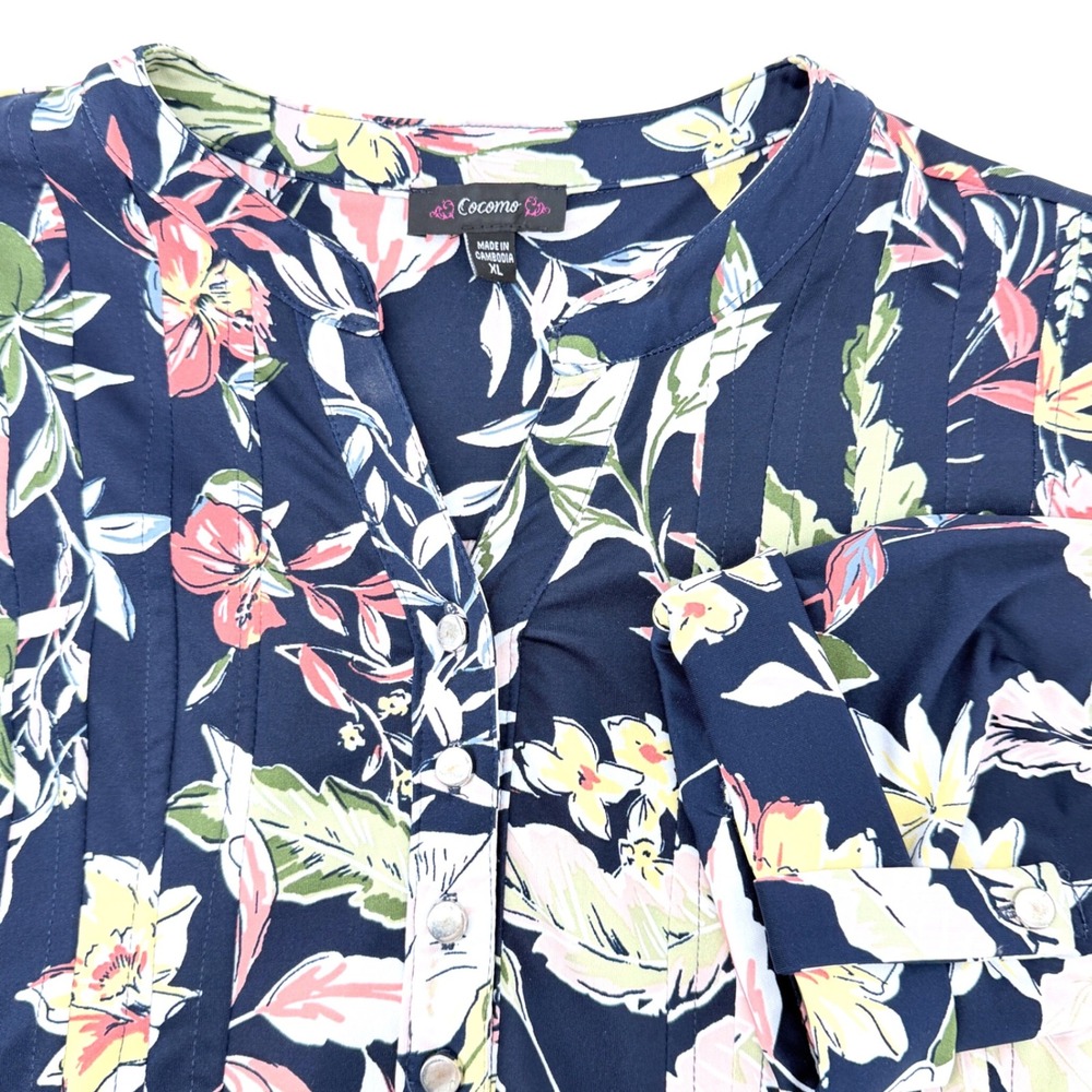 Cocomo Floral Blouse Women XL Navy Blue Pintuck 3/4 Roll Tab Sleeve
